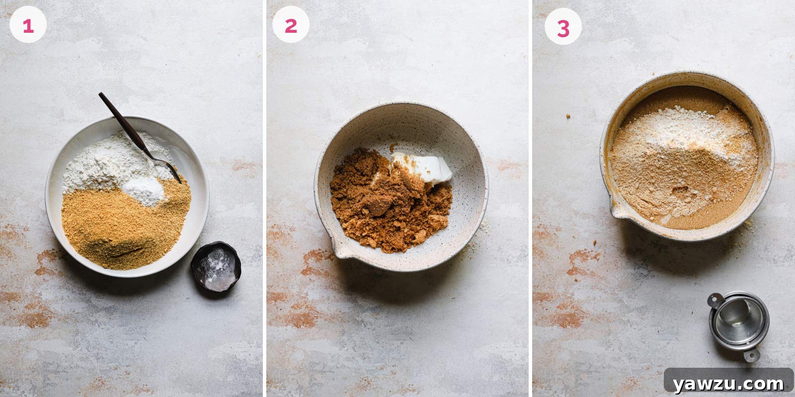 Three sequential images showing the process of mixing dough for graham whoopie cookies, from combining dry ingredients to a finished batter.