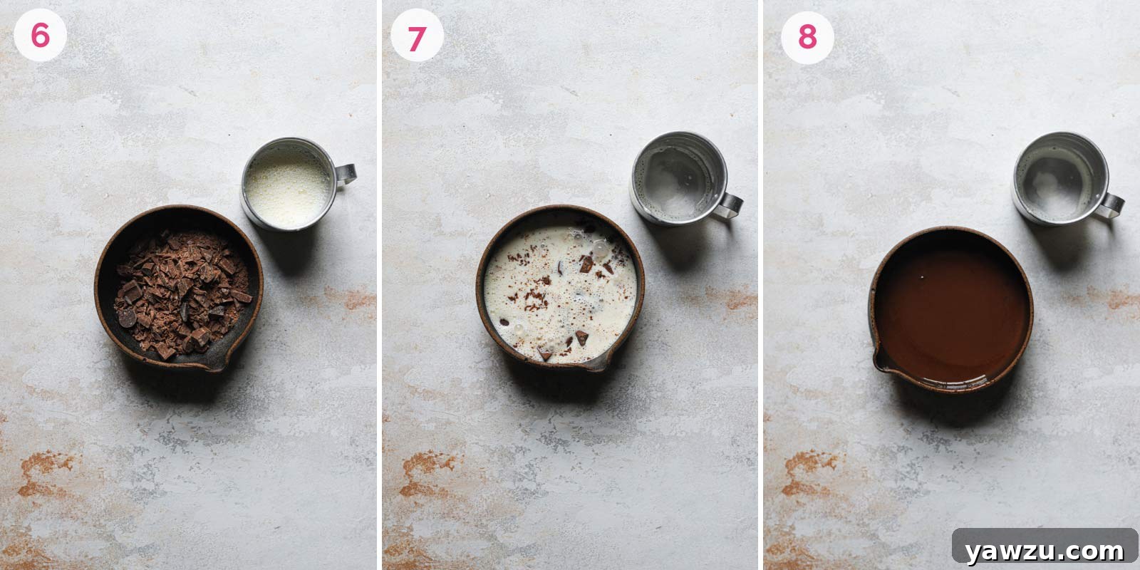 Three step-by-step photos illustrating the creation of chocolate ganache in a small mixing bowl, from liquid to smooth and spreadable.