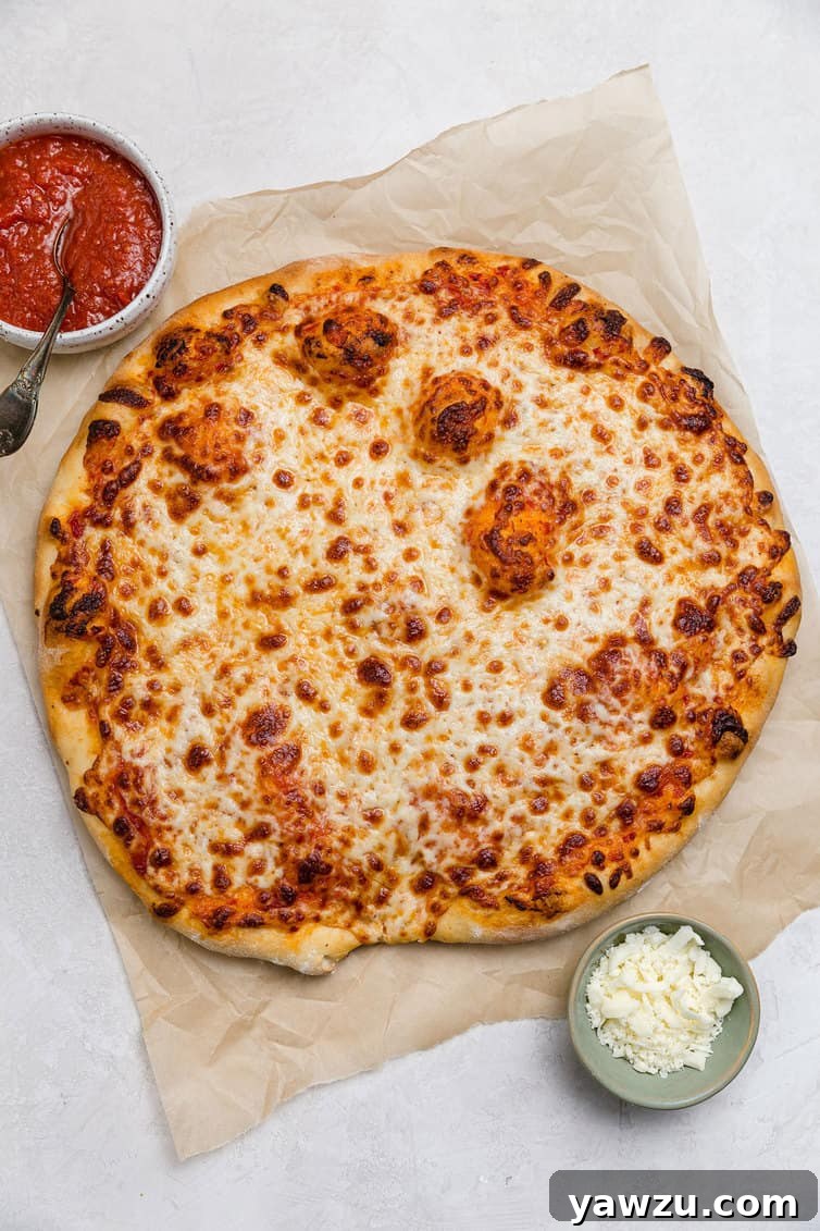 A perfectly baked, full cheese pizza, invitingly sliced, with small bowls of rich tomato sauce and fresh mozzarella on the side, ready for a gourmet experience.