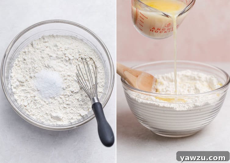 A person's hands gently mixing homemade pizza dough in a large glass bowl, showcasing the shaggy texture as ingredients combine.