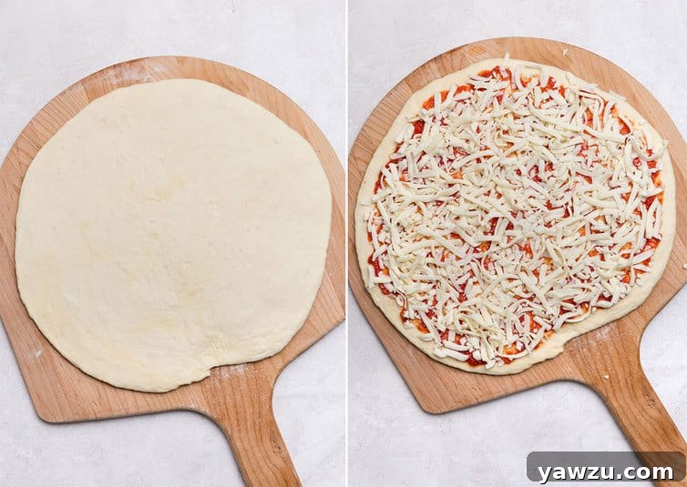 Two pieces of freshly shaped pizza dough resting on separate pizza peels, lightly dusted with semolina, ready for toppings.