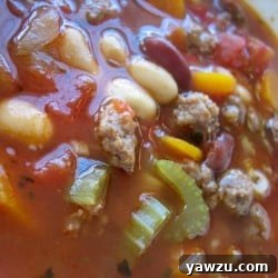 Close up image of pasta fagioli soup.