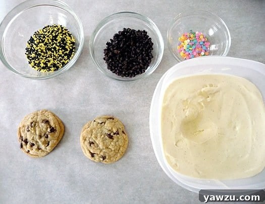 Ingredients laid out for making chocolate chip cookie ice cream sandwiches, including fresh chocolate chip cookies, creamy vanilla ice cream, vibrant sprinkles, and an assortment of mini chocolate chips.