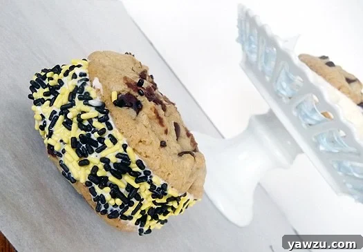 A freshly made chocolate chip cookie ice cream sandwich with vanilla ice cream, artfully rolled in black and gold sprinkles, resting on a elegant white dessert stand.