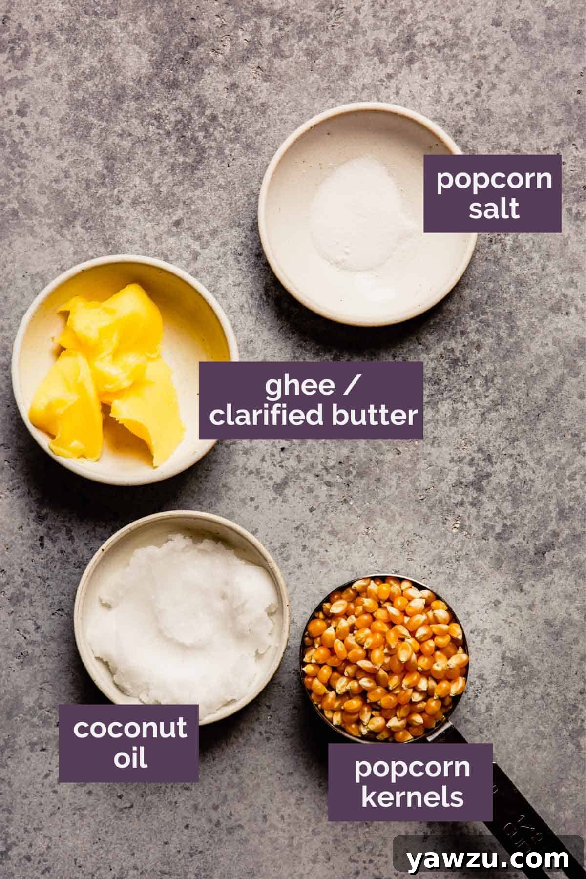 Ingredients for homemade popcorn prepped and labeled.