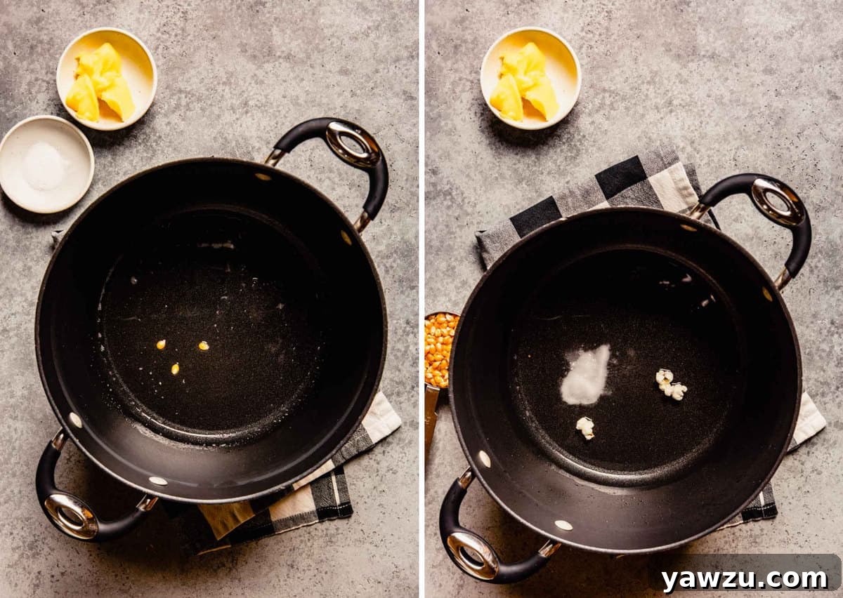 Photos of melted oil and popcorn kernels in a pot.