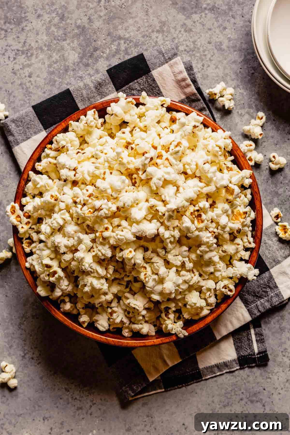 Overhead photo of popcorn in a bowl.