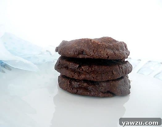 A stack of three glistening salted chocolate shortbread cookies, perfectly arranged on a white plate, inviting a closer look.