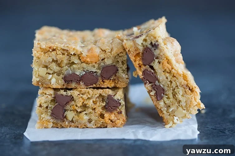 Chewy, Chunky Blondies are cookie bars filled with chocolate chips, butterscotch chips, walnuts, and coconut.