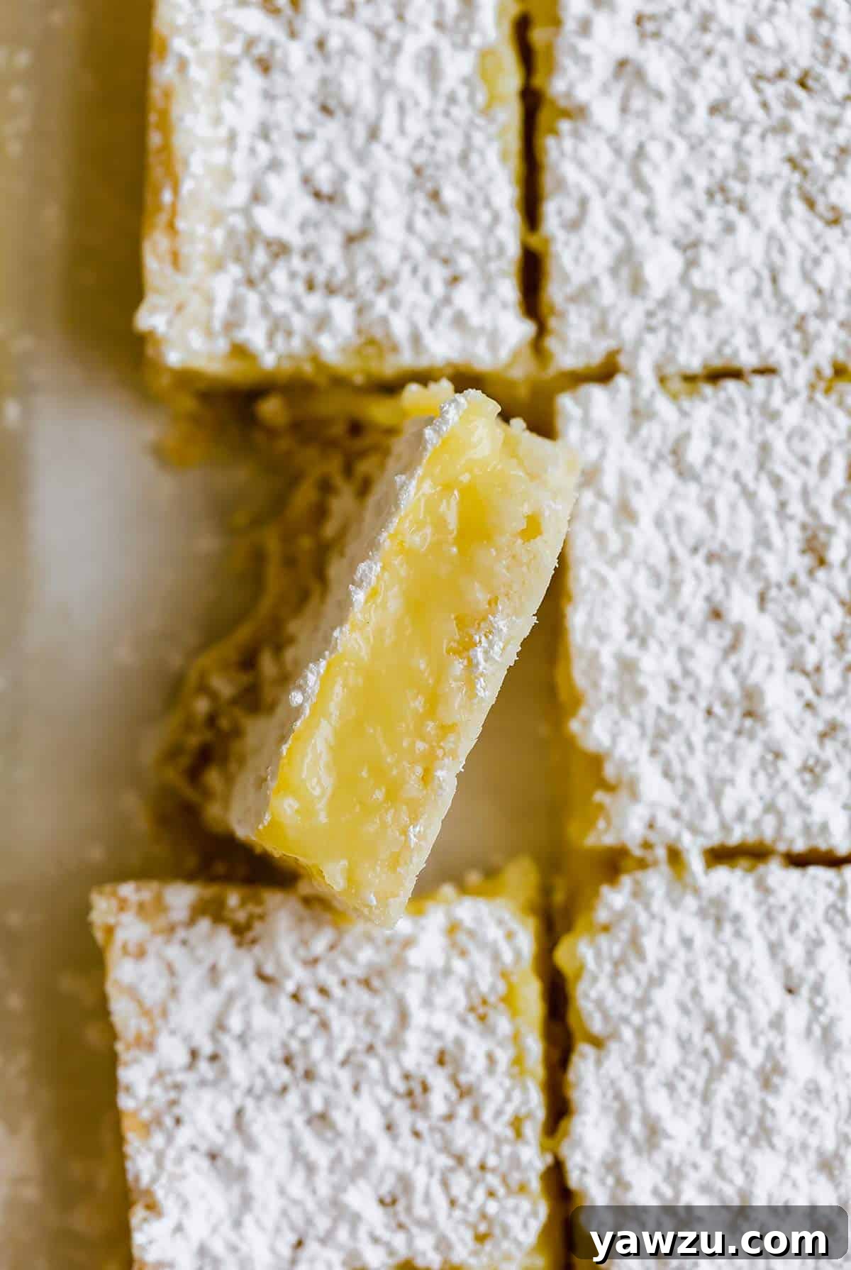 A single perfectly cut lemon bar resting on its side, revealing its distinct crust and creamy filling, with other lemon bars artfully arranged in the background.