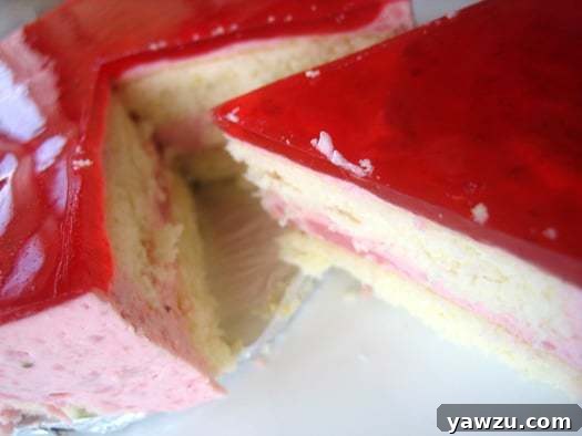 A beautiful slice of strawberry mirror cake, revealing the distinct layers of sponge, cream, and mirror glaze.