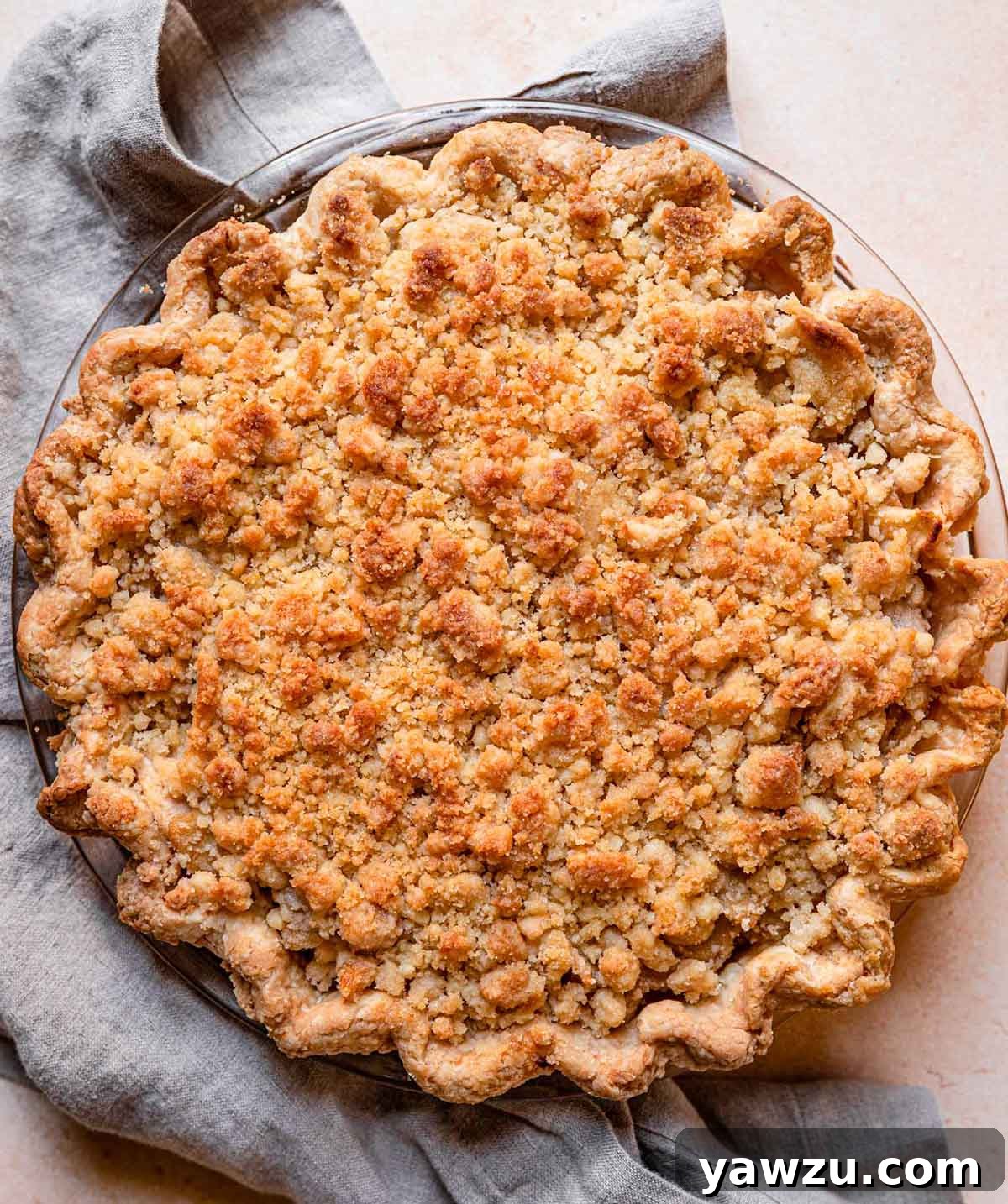 Overhead photo of a golden-brown Dutch apple pie with a generous crumble topping, presented on a rustic countertop.