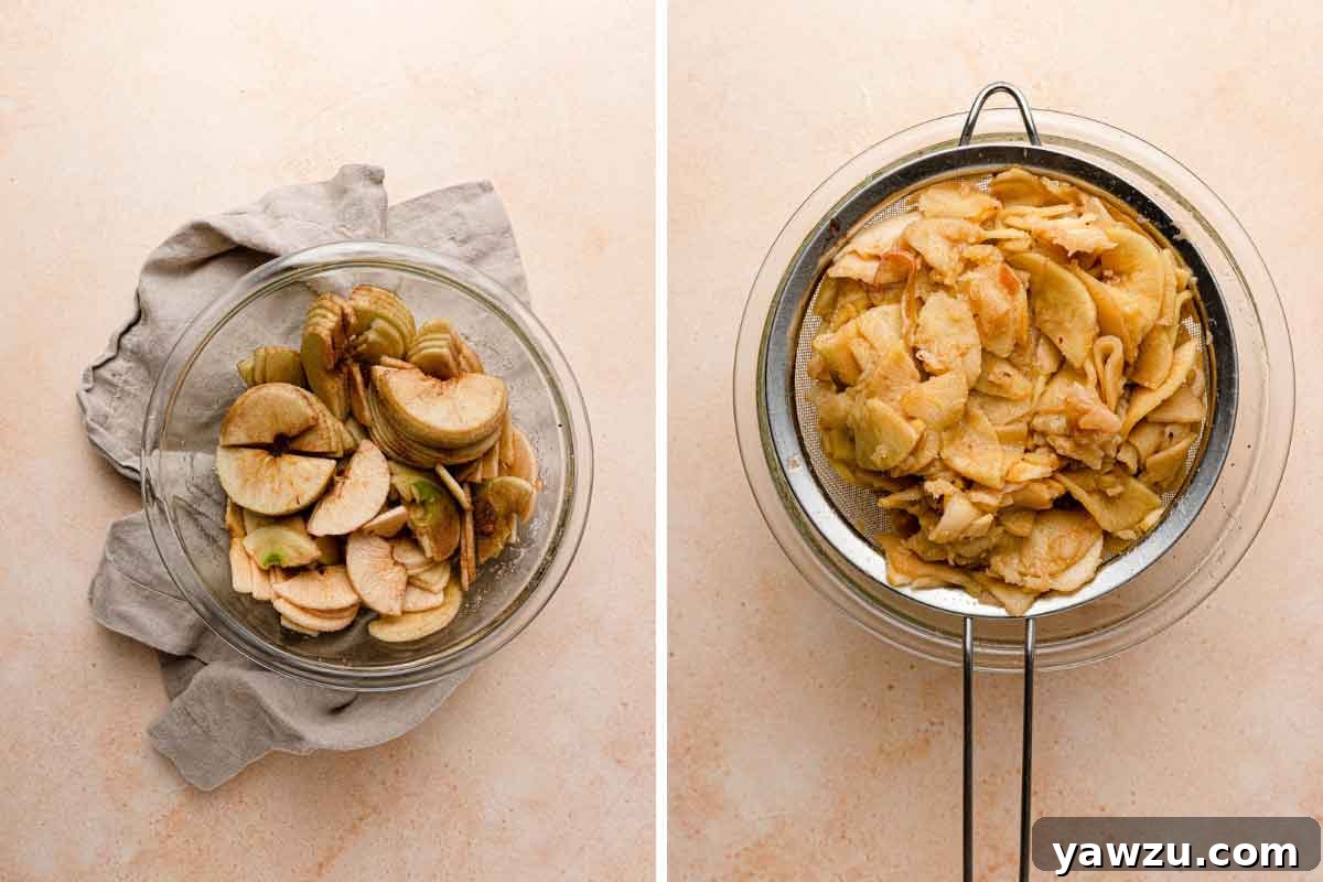Side-by-side photos demonstrating the apple filling preparation: sliced apples tossed with sugar and cinnamon, and then cooked apples draining in a colander over a bowl.