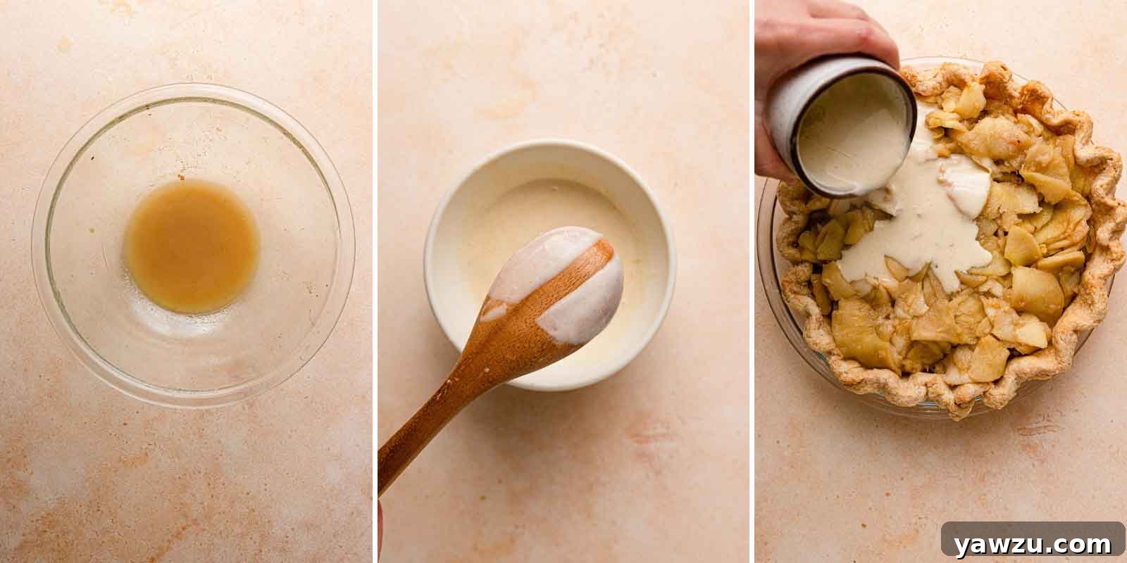 A series of photos illustrating the process of pouring reduced apple juices and cream over the apple filling in a pie crust.