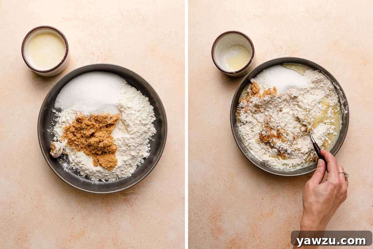 Side-by-side photos showing the process of mixing ingredients for the crumble topping in a bowl.