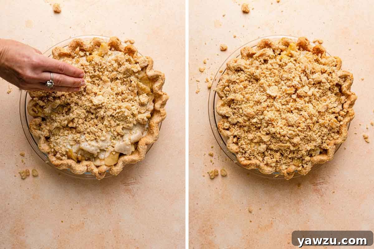 Side-by-side photos of adding the generous crumble topping to the surface of an unbaked Dutch apple pie.