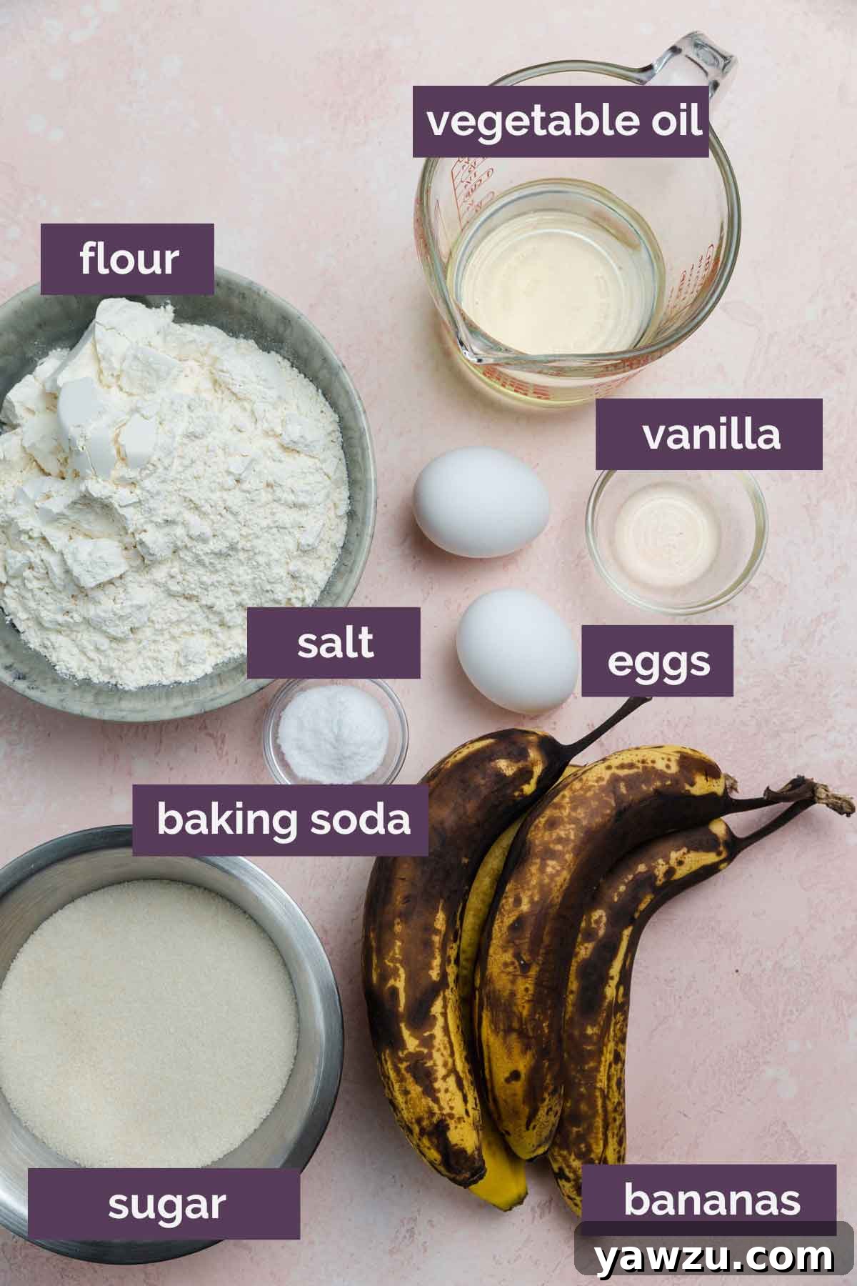 All the essential ingredients for baking banana bread, neatly prepped and labeled on a kitchen counter, including ripe bananas, flour, sugar, and walnuts.