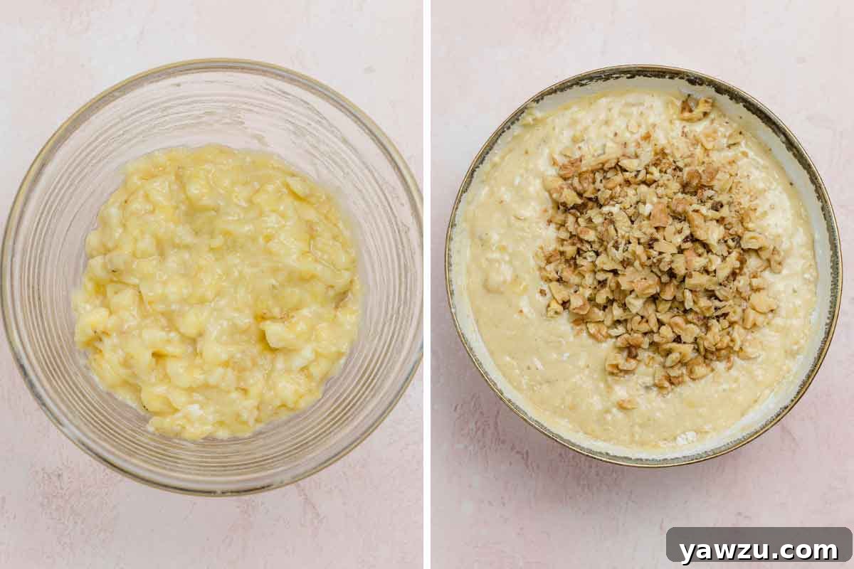 A bowl of perfectly mashed ripe bananas sits beside a mixing bowl filled with golden banana nut bread batter, ready for the oven.