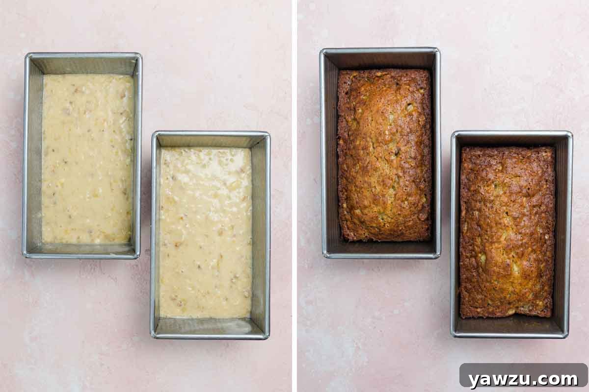 A comparison of two loaf pans: one filled with raw banana nut bread batter and the other holding two perfectly baked, golden-brown loaves.