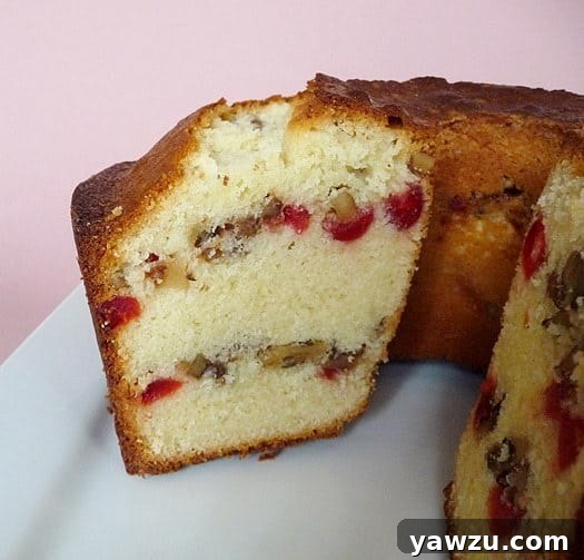 Side view of a perfectly baked Russian pound cake with a slice removed, showcasing its dense, moist crumb, rich texture, and visible pieces of cherries and walnuts.