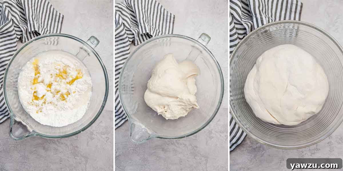 Three-photo collage of mixing together bread dough, then allowing it to rise in a glass bowl.