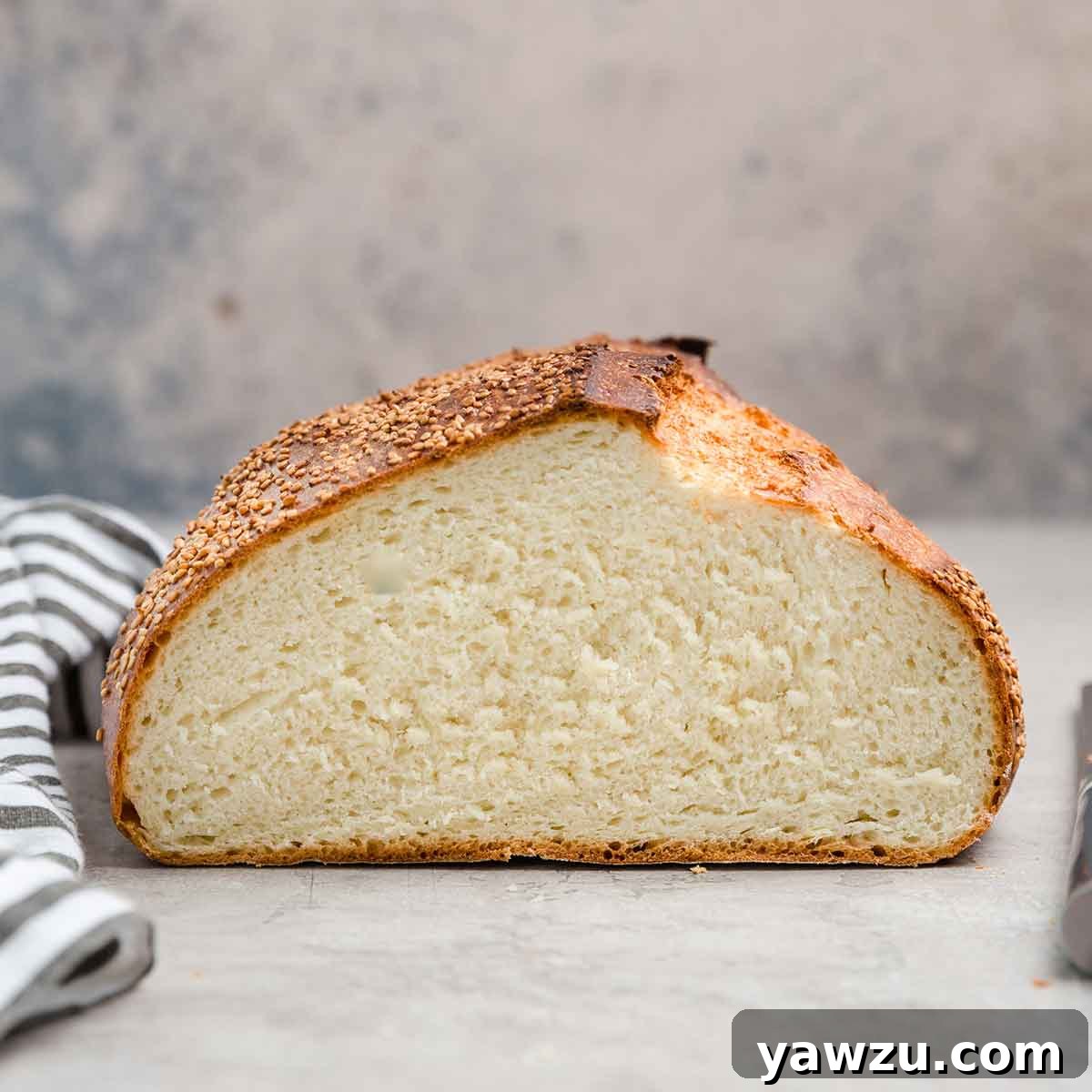 Photo straight on of half a loaf of Italian bread, interior crumb shown.