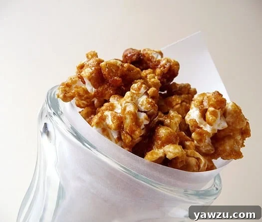 Close-up of Homemade Cracker Jack popcorn in a glass, showing detailed texture of caramel and peanuts.