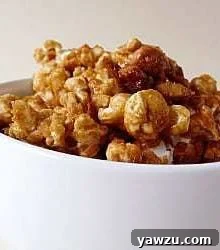 Homemade Cracker Jack popcorn in a white bowl.