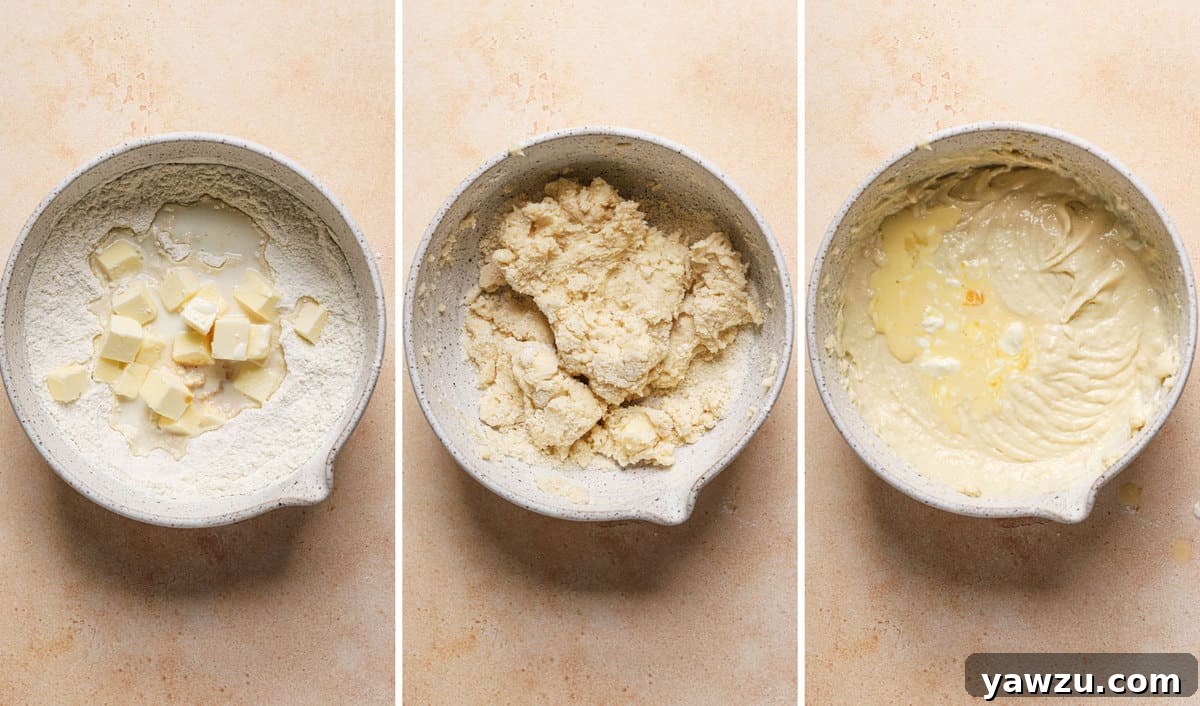 Three side by side images of bowls with vanilla cupcake batter being made.
