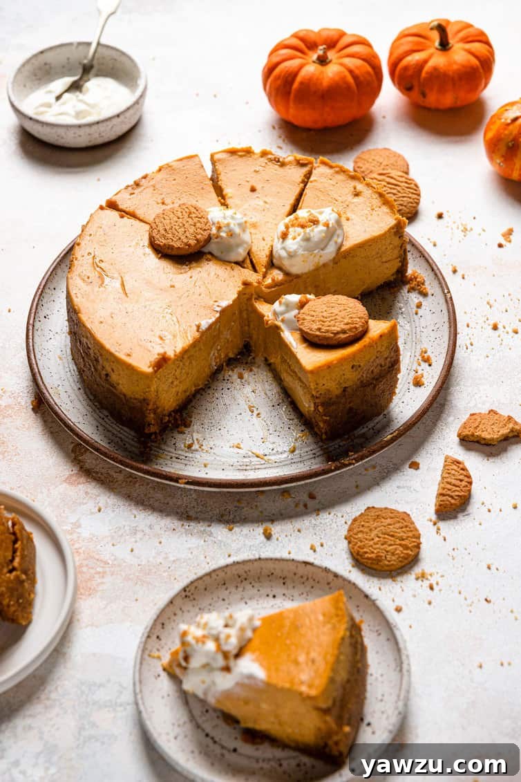 Pumpkin cheesecake cut into perfect slices, some elegantly topped with a dollop of whipped cream, ready to serve.