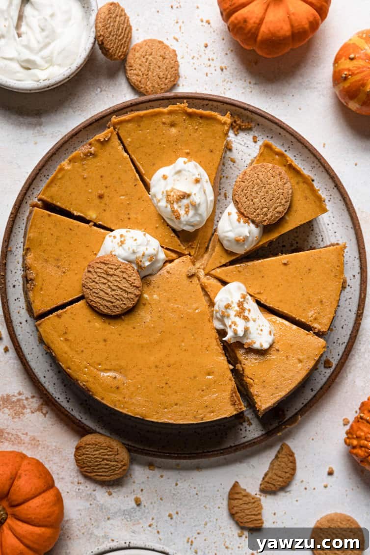 An inviting overhead photograph showcases a whole pumpkin cheesecake, meticulously sliced into individual pieces, ready for serving.