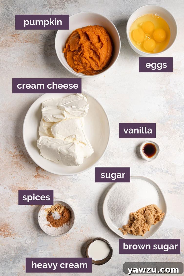 Various ingredients for pumpkin cheesecake, including cream cheese, pumpkin puree, spices, and gingersnap cookies, are neatly prepped and labeled on a kitchen counter.