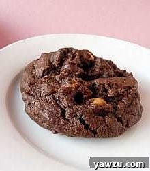 A perfectly baked salted double chocolate peanut butter cookie resting on a white plate, ready to be devoured.