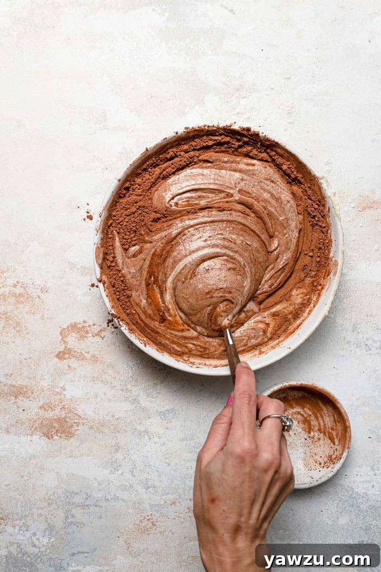 Cocoa powder and milk stirred into yellow cake batter.
