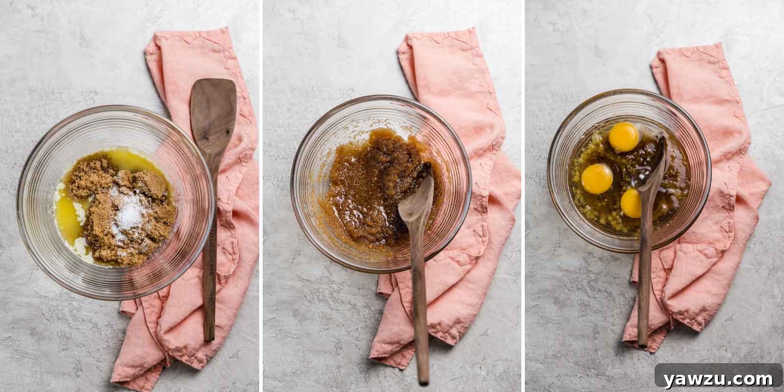 Three-wide photo collage of mixing together filling for pecan pie.