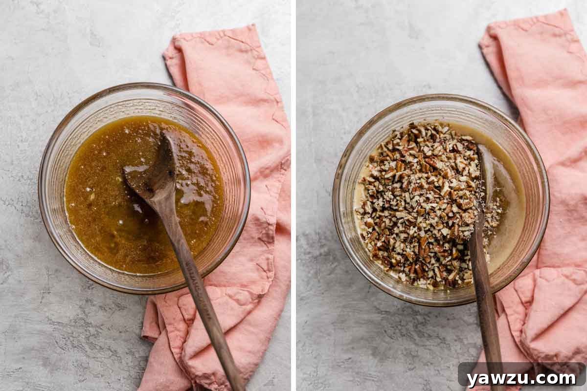 Side by side photos of cooked pecan pie filling with chopped pecans ready to be stirred in.
