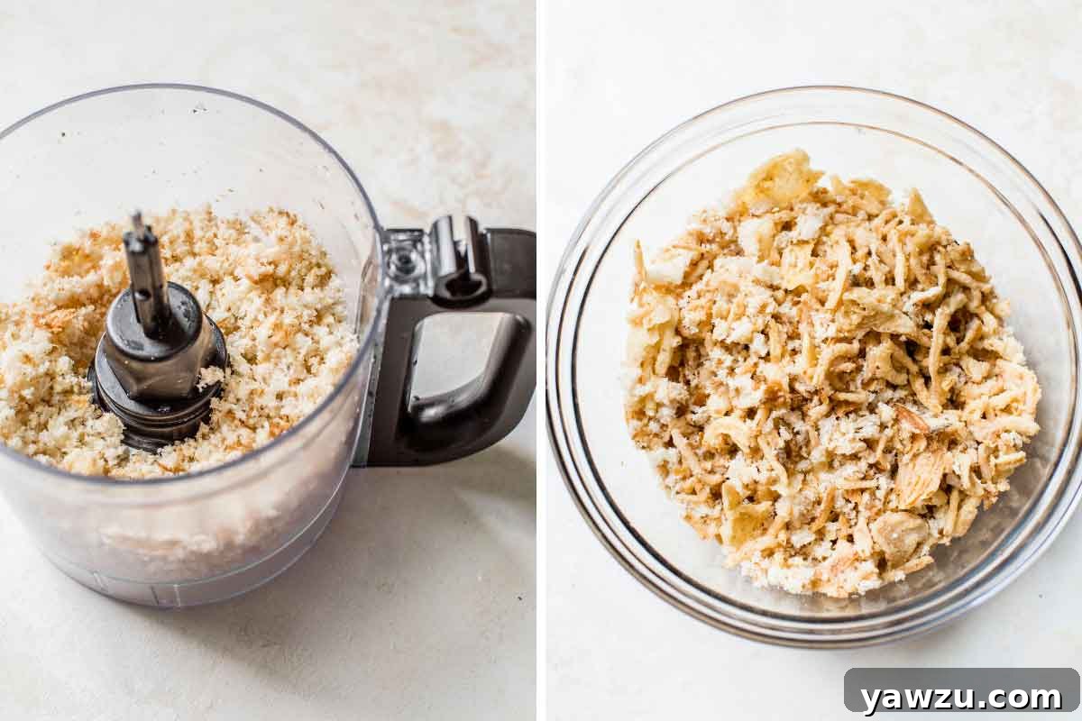 Side by side photos: one shows fresh bread being pulsed with butter in a food processor, the other shows the resulting breadcrumb mixture tossed with golden French-fried onions.
