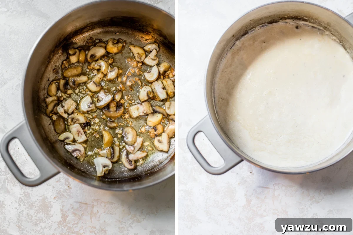 Side by side photos: one showing sautéed mushrooms and garlic in a saucepot, the other showing the developing cream sauce in the same pot.
