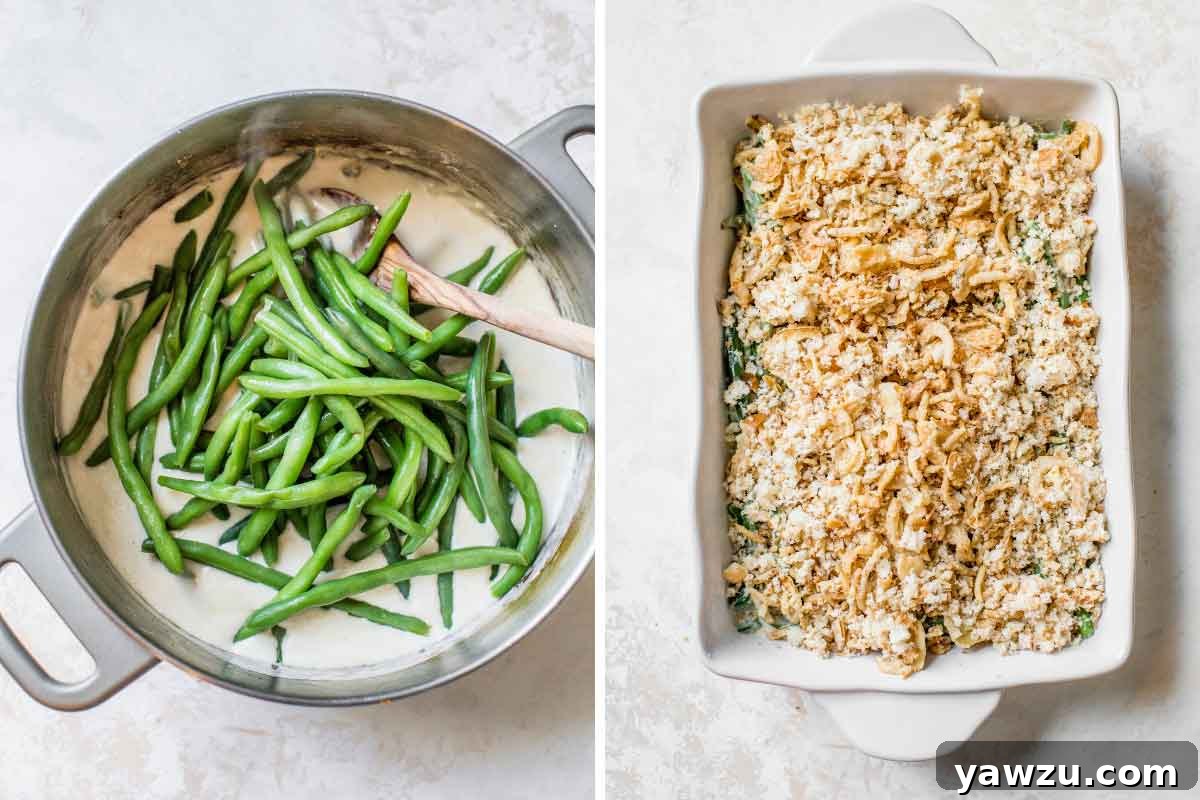 Side by side photos: one showing green beans stirred into the cream sauce in a pot, the other showing the assembled green bean casserole in a baking dish before being baked.