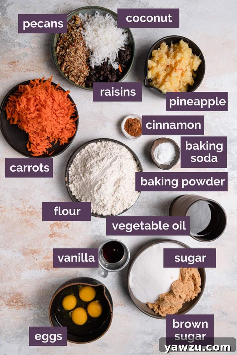 Ingredients for carrot cake prepped and labeled, showcasing fresh carrots, pineapple, pecans, and raisins.