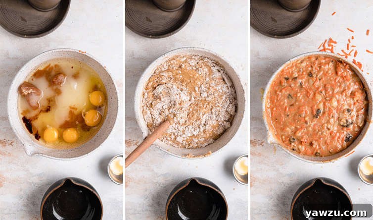 Step-by-step photos of mixing together batter for carrot cake, showing the blend of wet and dry ingredients.