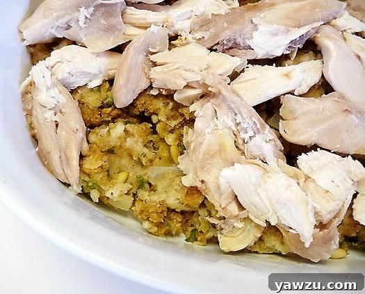 Turkey casserole in a white serving dish, perfectly golden brown.