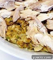 Turkey casserole in a white serving dish.