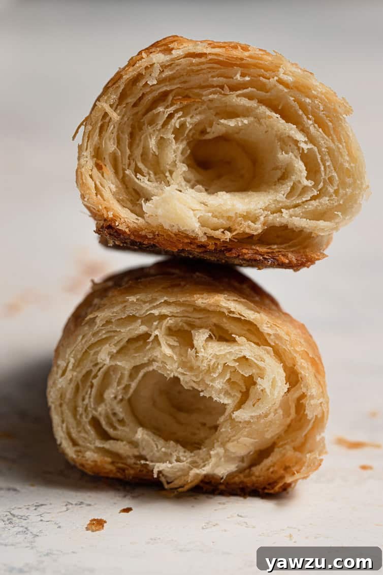 Two halves of a perfectly baked, incredibly flaky croissant stacked on top of each other, magnificently revealing the intricate layers and airy, open interior structure.