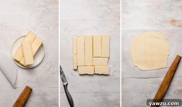 A sequential photo series demonstrating the technique for pounding cold butter between parchment paper sheets to form a flat, even block, crucial for croissant lamination.
