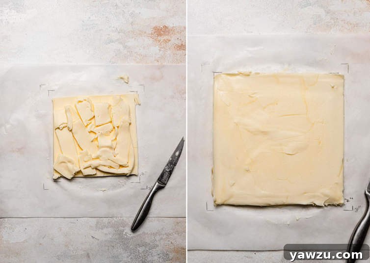 The final step of creating the butter block, perfectly squared and wrapped in parchment paper, ready to be incorporated into the croissant dough.