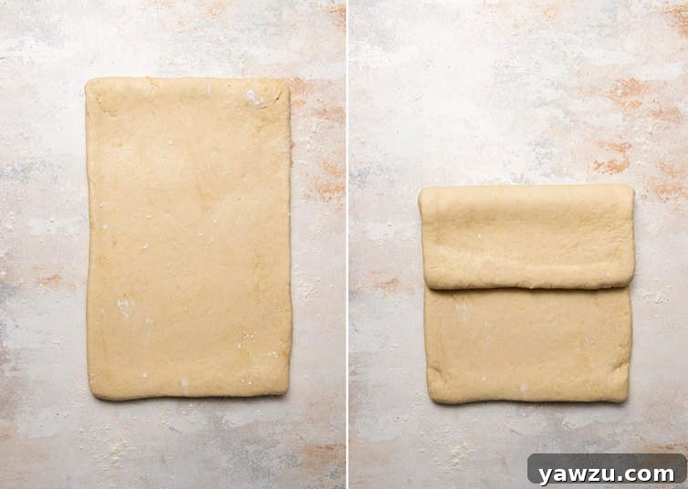 A multi-step photo showing the process of rolling out croissant dough into a thin rectangle and then performing a letter fold to create layers, illustrating one lamination turn.
