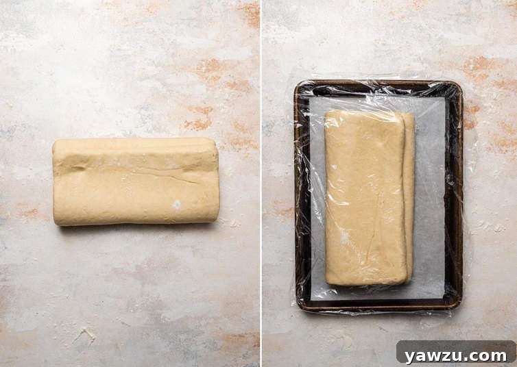 The laminated croissant dough after completing one full turn, neatly folded into a compact rectangle, ready for its chilling period.
