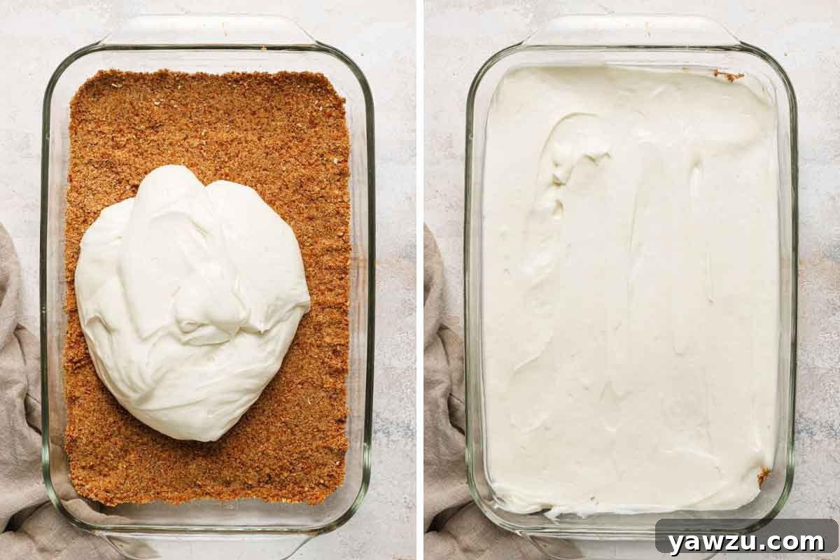 Side by side photo showing cream cheese filling being spread over pretzel crust.