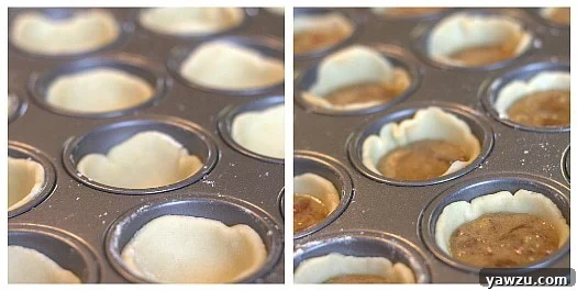 Collage of 2 images of dough lining a mini muffin pan and pecan tassie filling in each muffin well before baking.